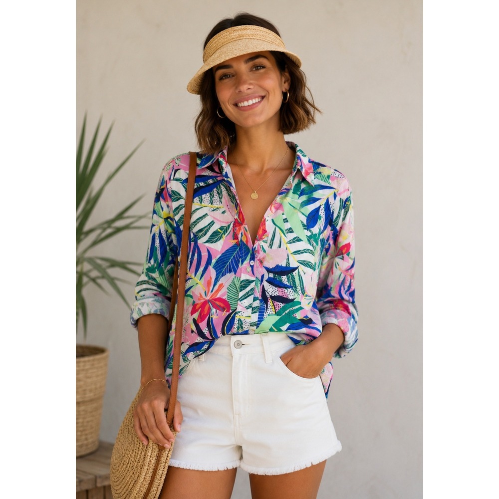 LOFT Tropical Floral Button Down Blouse Womens M Long Sleeve Colorful Resort